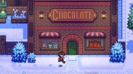 Haunted Chocolatier Is Progressing, but ConcernedApe Won’t Rush It 7 A pixel-art character runs past a snow-covered chocolate shop in Haunted Chocolatier.