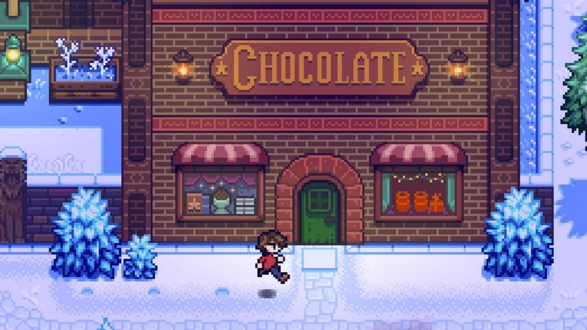 Haunted Chocolatier Is Progressing, but ConcernedApe Won’t Rush It 1 A pixel-art character runs past a snow-covered chocolate shop in Haunted Chocolatier.