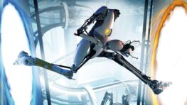 A Portal 2 cooperative testing robot moving between blue and orange portals