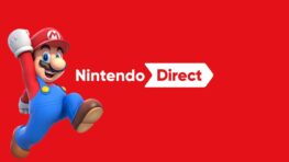 Mario beside the Nintendo Direct logo on a red background