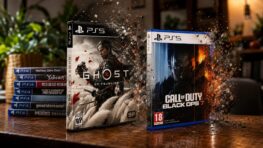 Physical PlayStation 5 game cases displayed beside a stack of PS5 discs