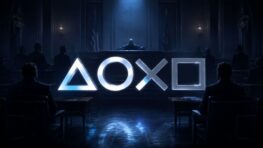 Illuminated PlayStation controller symbols displayed in a dark room