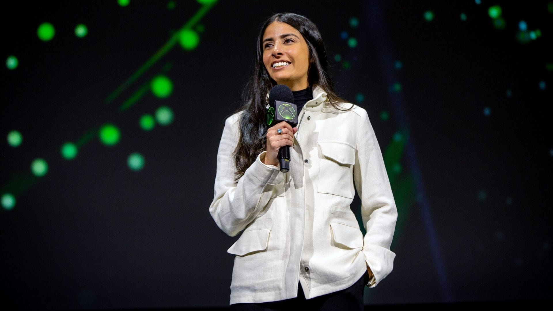 Xbox Won't Say Whether Project Helix Has a Disc Drive 1 Xbox CEO Asha Sharma speaking onstage with an Xbox microphone
