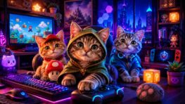 Cute cats in a colorful gaming room for a video game cat names guide