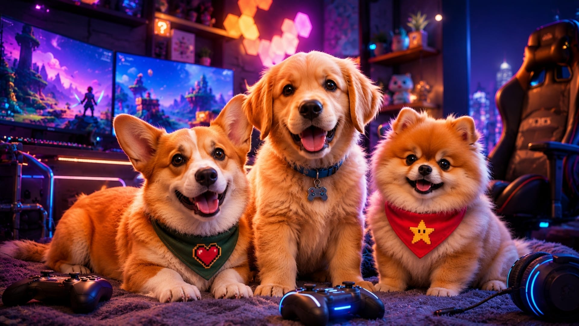 Cute dogs in a colorful gaming room for a video game dog names guide