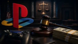 PlayStation logo beside a judge’s gavel and a stack of US dollar bills