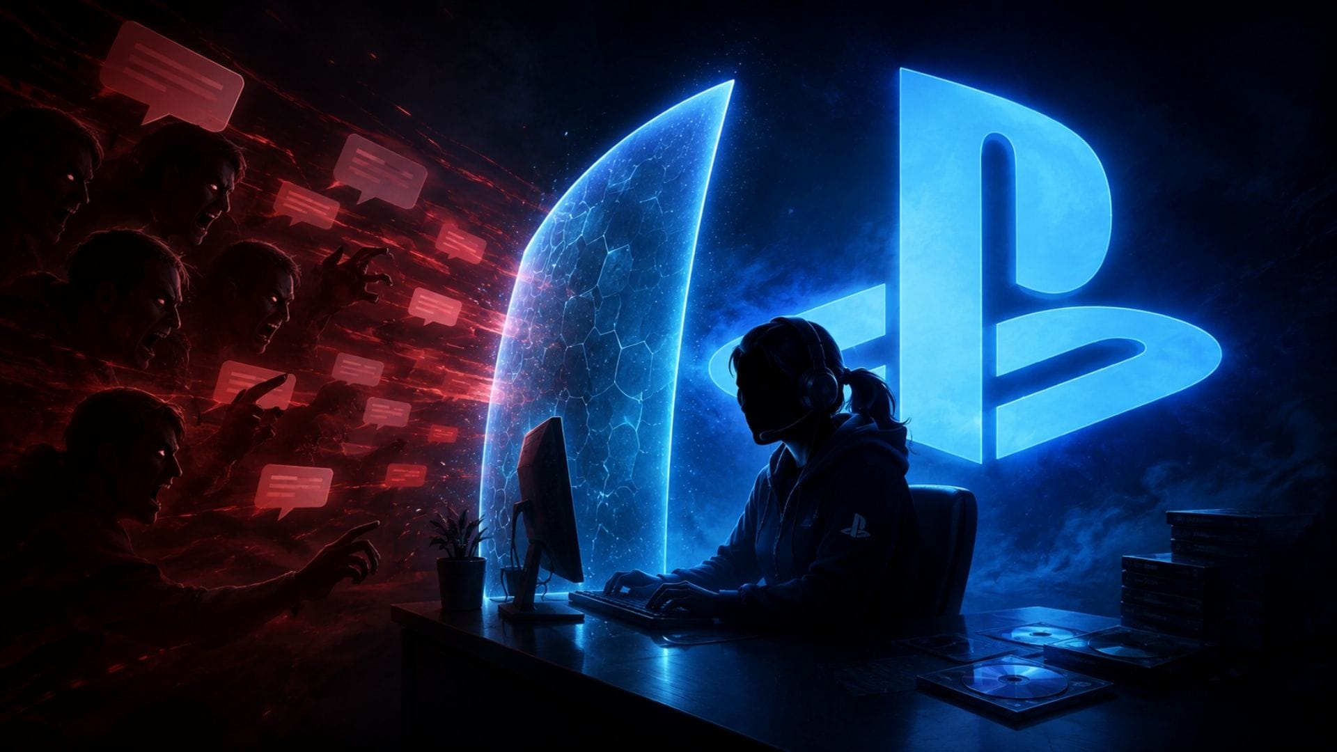 Illustration of a PlayStation support worker shielded from hostile online messages
