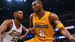 NBA 2K27 scene showing Los Angeles Lakers and Philadelphia 76ers players under arena lights