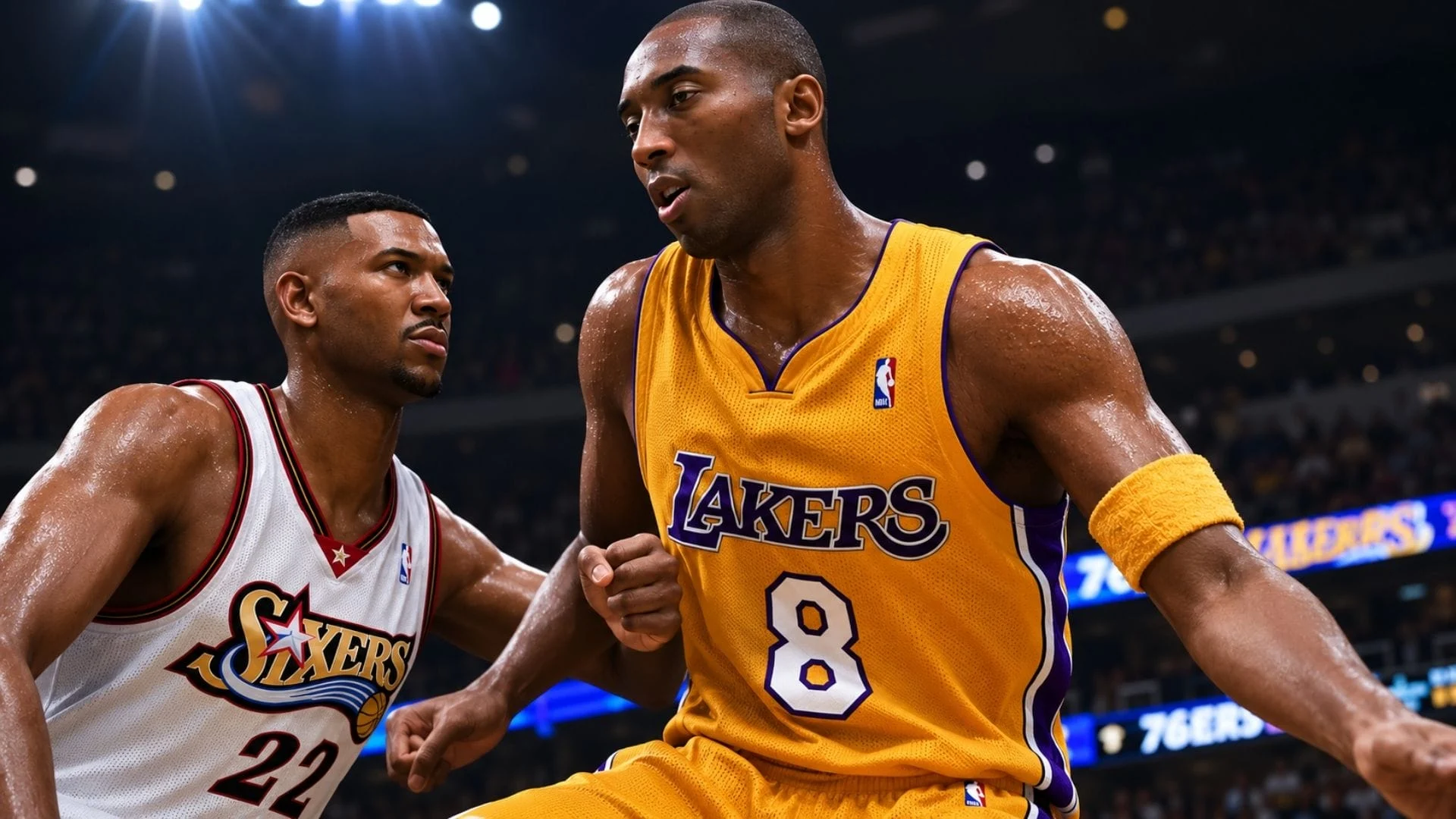 NBA 2K27 scene showing Los Angeles Lakers and Philadelphia 76ers players under arena lights