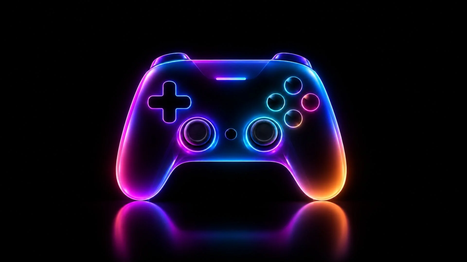 Neon-lit game controller against a black background