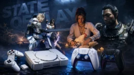State of Play artwork featuring PlayStation game characters, a LEGO original PlayStation console, and limited-edition DualSense controllers