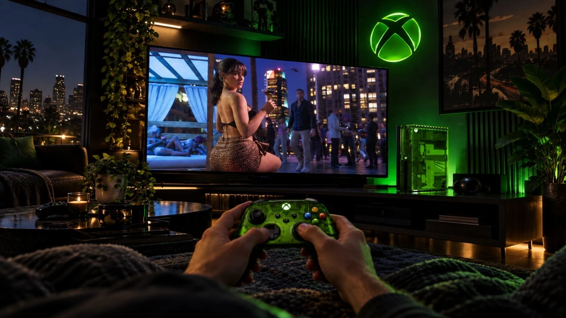 Xbox Says GTA 6 Preorders Match Its Console Market Share 1 An Xbox player holding a controller while Grand Theft Auto VI plays on a television