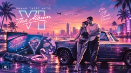 Grand Theft Auto VI: The Album artwork showing Jason and Lucia beside a car in a neon Vice City scene, with the vinyl and CD editions.