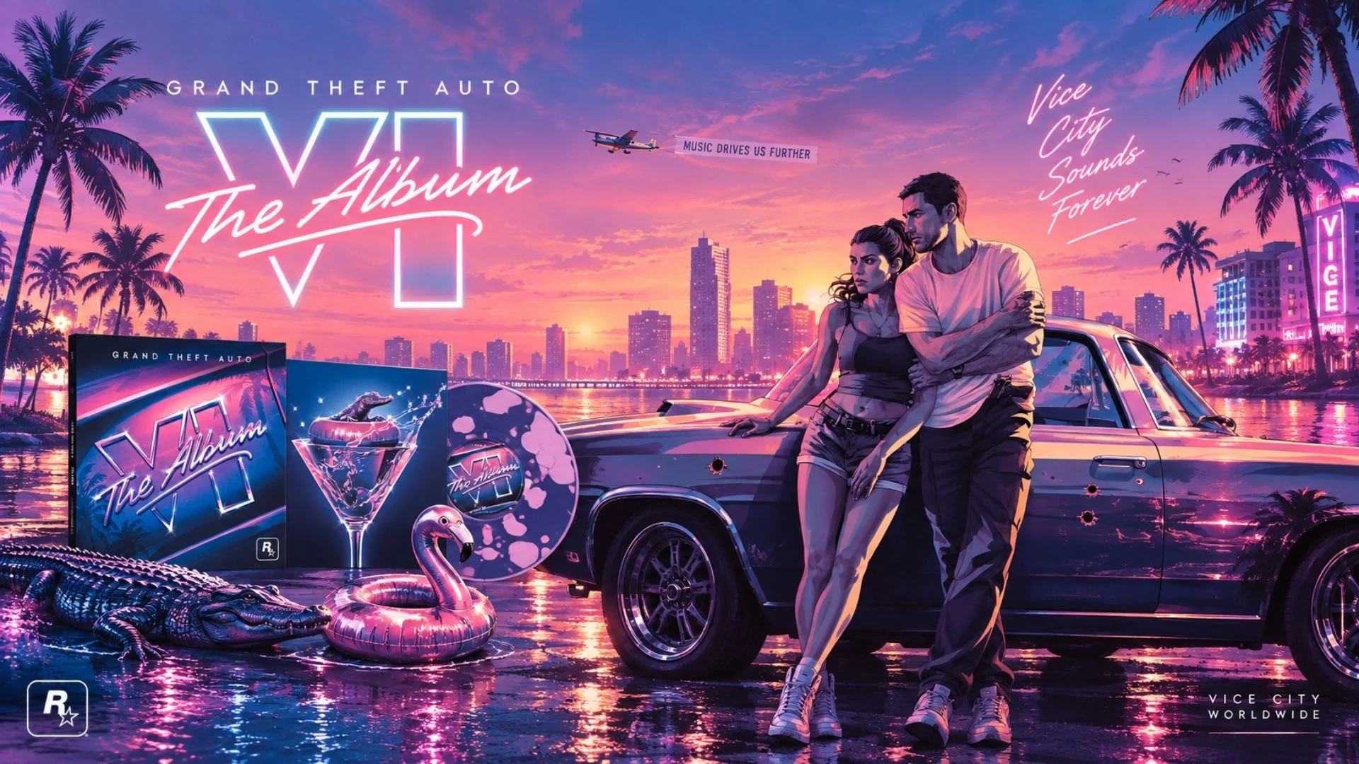 Grand Theft Auto VI: The Album Revealed With 34 Tracks, Vinyl and CD Editions 1 Grand Theft Auto VI: The Album artwork showing Jason and Lucia beside a car in a neon Vice City scene, with the vinyl and CD editions.