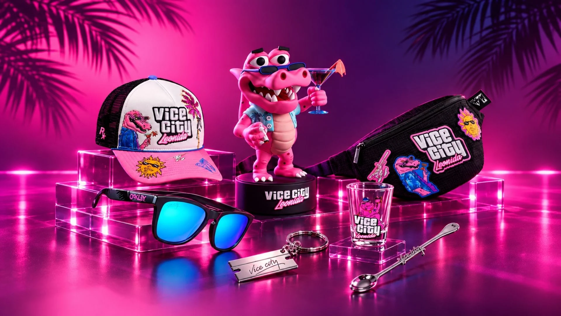 GTA VI Vice City Collection Costs $399.99, Game Sold Separately 1 GTA VI Vice City Collection merchandise including the Macca the Gator figure, hat, sunglasses, bag, shot glass, keychain, and swizzle spoon