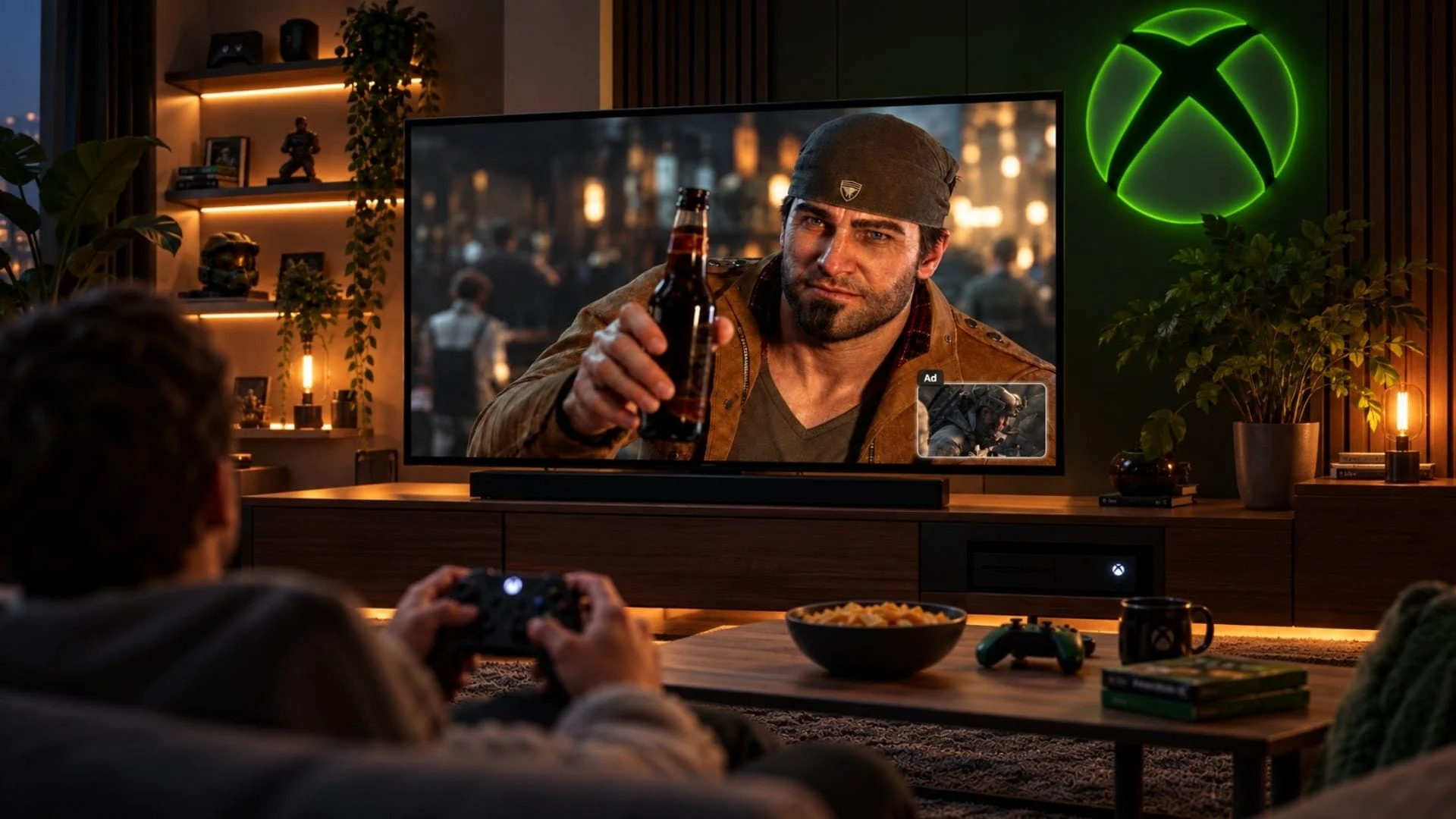 Microsoft Patent Describes Ads That Wait for Natural Game Breaks 1 Player facing a paused video game screen with an advertisement beside an Xbox logo