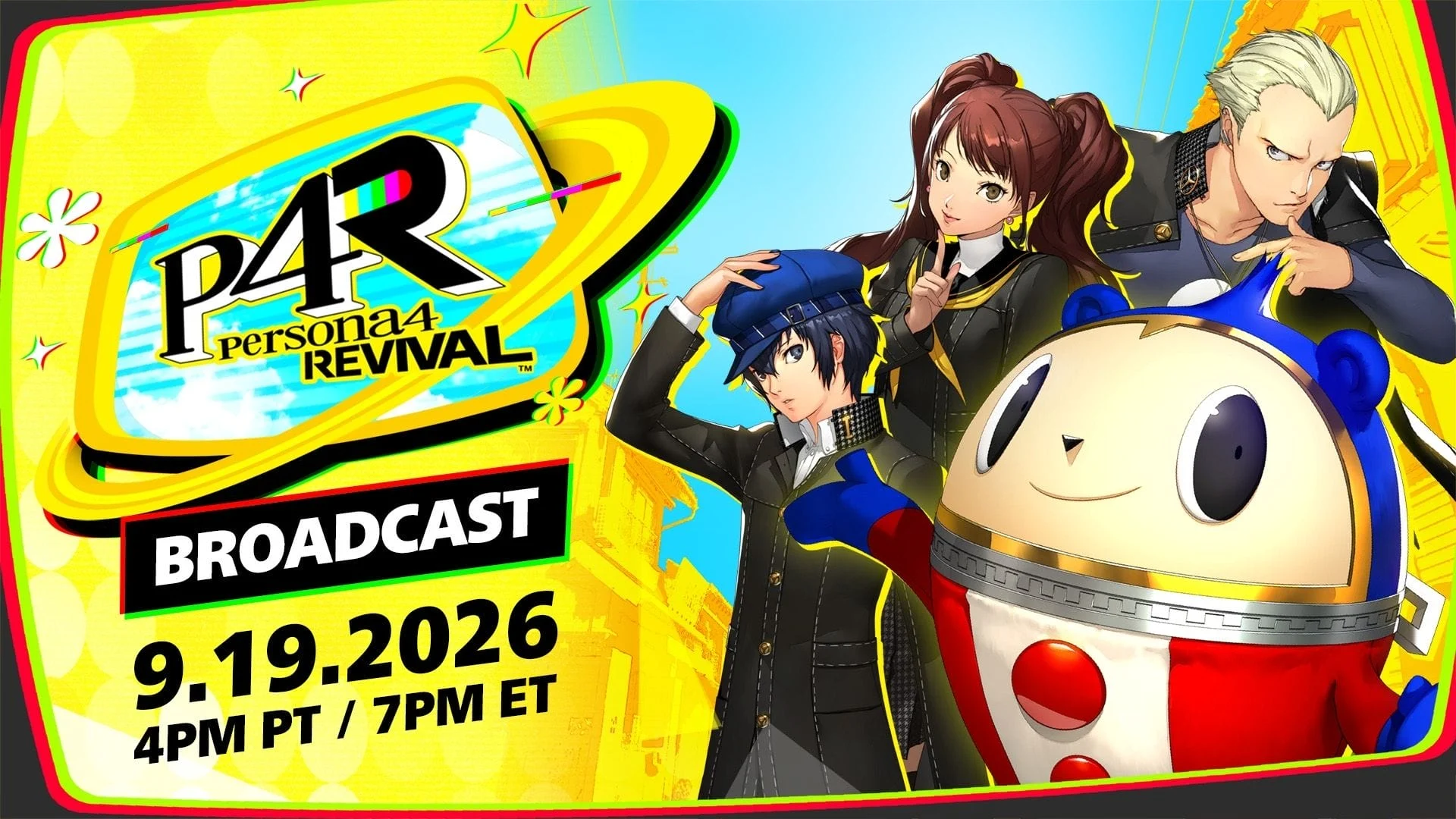 Persona 4 Revival Broadcast artwork featuring the protagonist, Rise, Kanji, and Teddie.