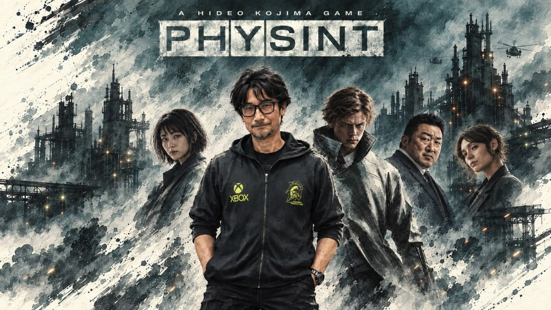 Hideo Kojima stands in front of PHYSINT artwork featuring the game’s cast and Xbox branding.
