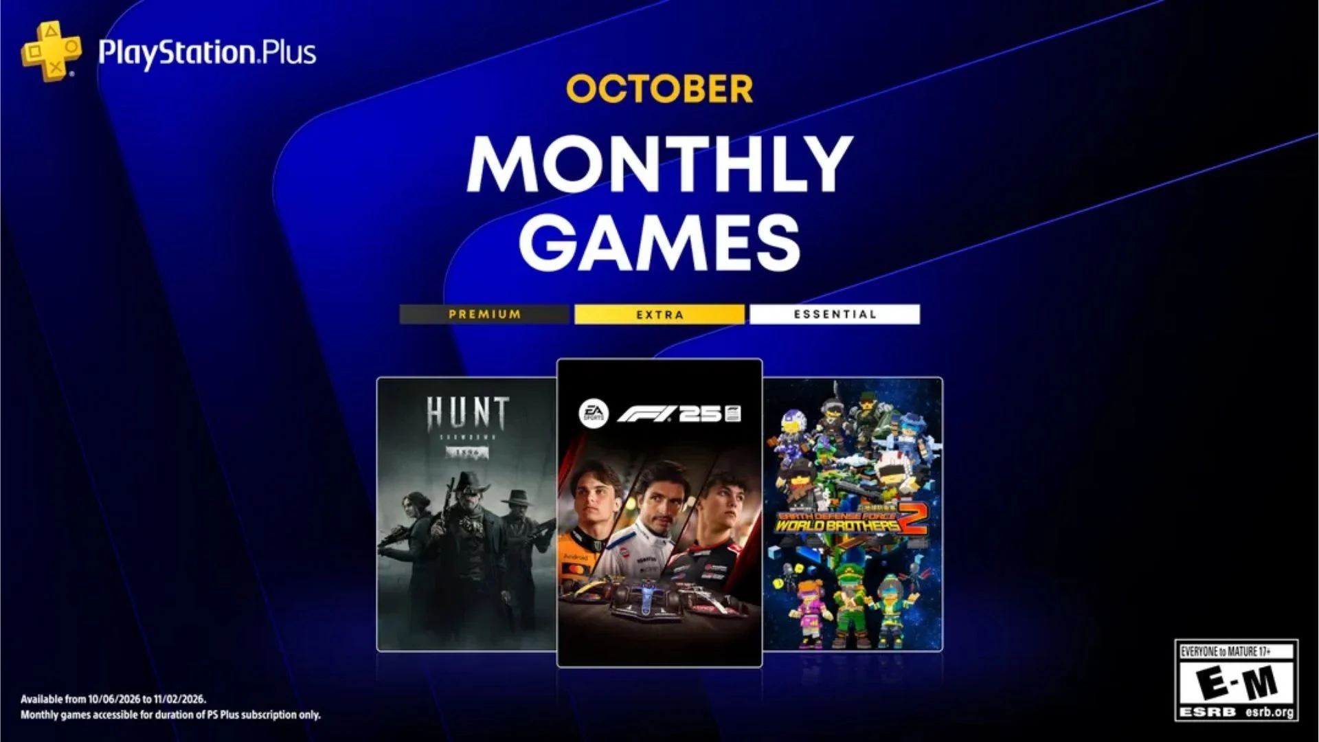 F1 25, Hunt: Showdown 1896, and Earth Defense Force: World Brothers 2 in the PlayStation Plus October 2026 lineup