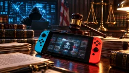 A Nintendo Switch console beside a judge’s gavel and scales of justice