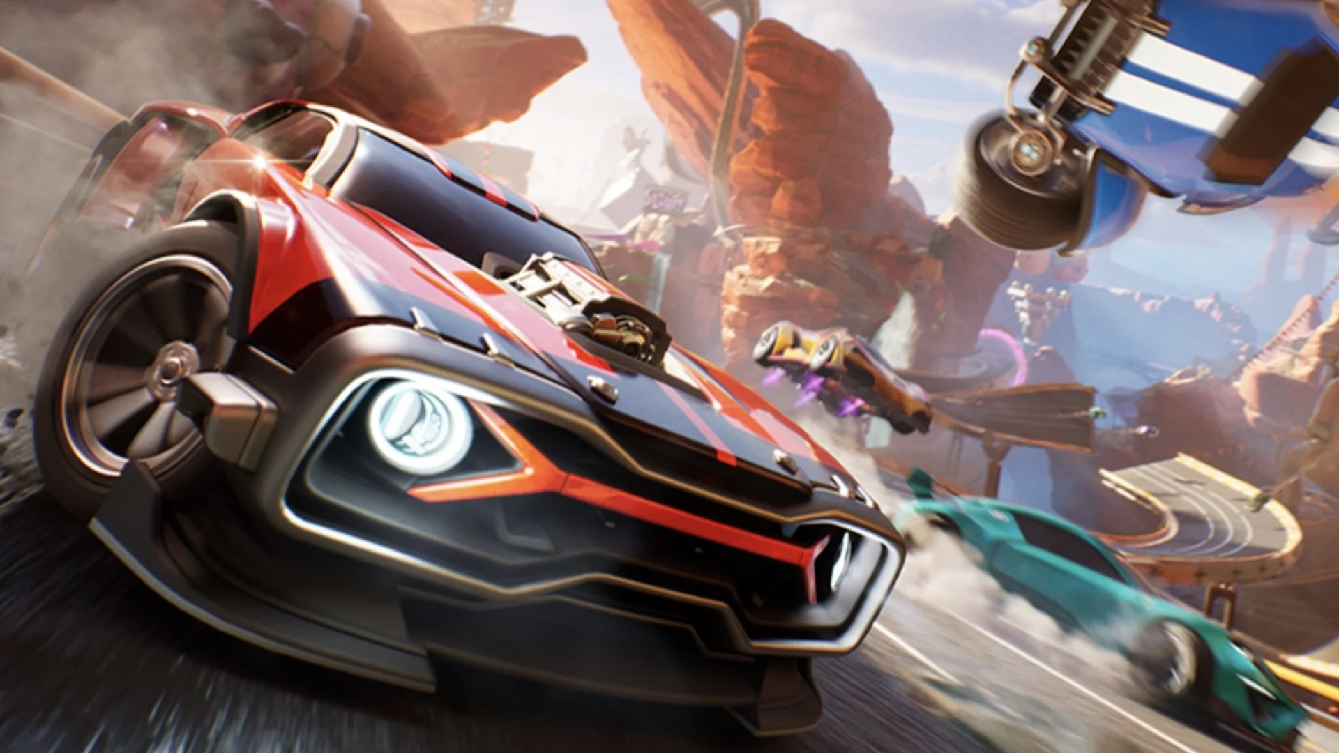 Rocket Racing Leaves Fortnite as PS4 and Xbox One Warzone Support Ends This Fall 1 Red Rocket Racing car leading other vehicles through a rocky track