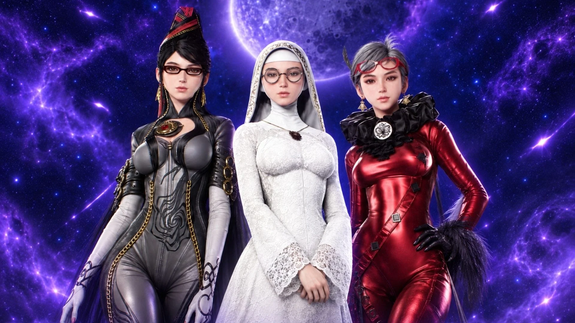 Eve models three Bayonetta-inspired outfits from the Stellar Blade collaboration.