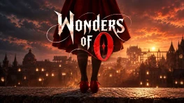 Wonders of O logo over a red-shoed figure overlooking a dark fantasy city