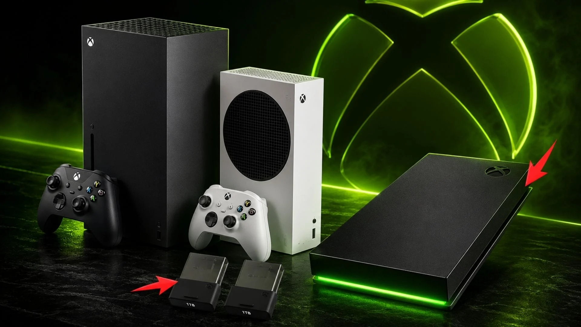 Xbox Series X and Series S consoles beside two 1TB Storage Expansion Cards and an external Xbox hard drive
