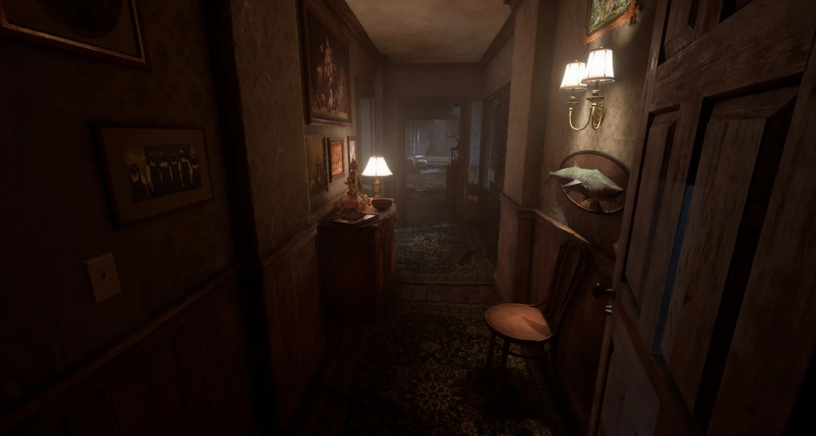 Dimly lit hallway inside a haunted house in Give Us A Sign