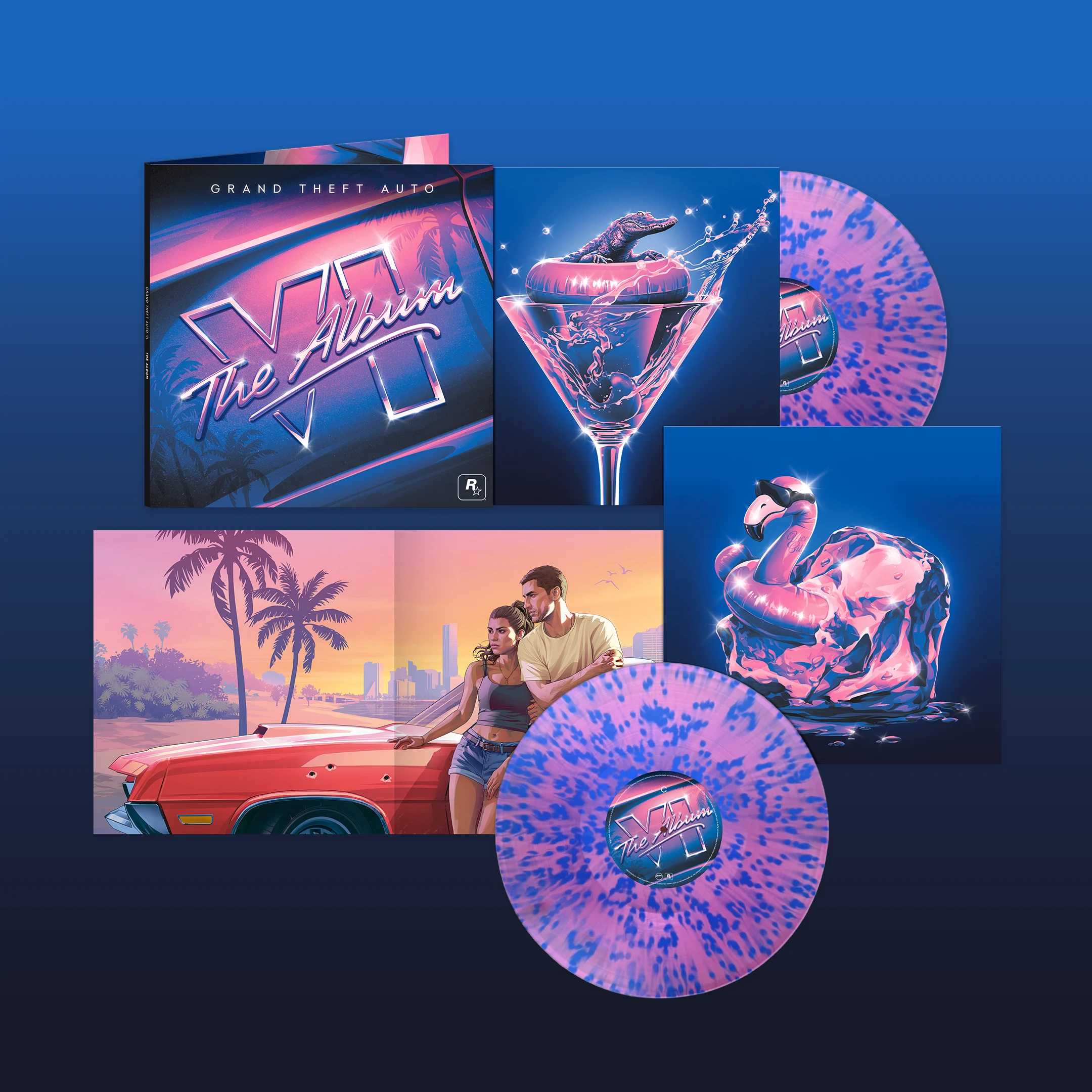 Grand Theft Auto VI: The Album Revealed With 34 Tracks, Vinyl and CD Editions 3 Grand Theft Auto VI: The Album standard vinyl with two transparent magenta records featuring blue splatter.