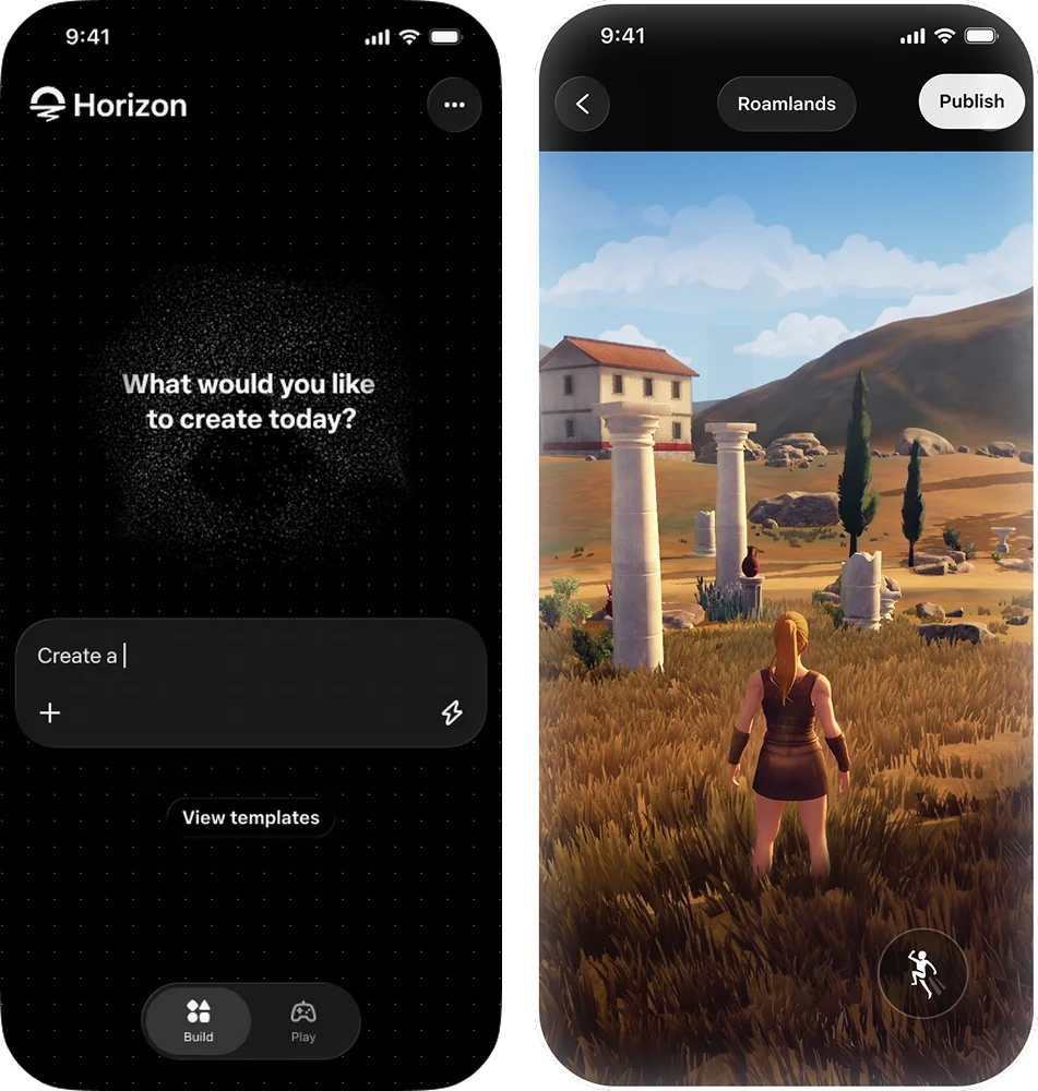 Horizon Create mobile app screens showing a text prompt and generated 3D game