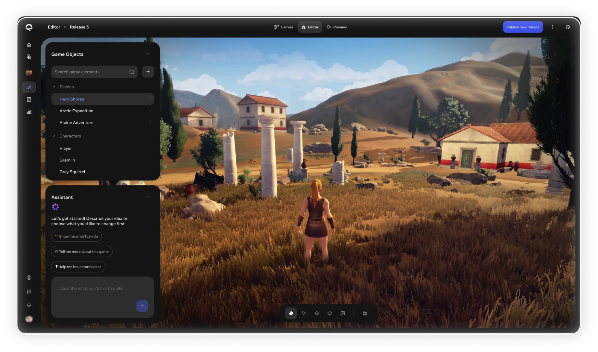 Horizon Studio browser editor showing a 3D game scene and visual editing controls