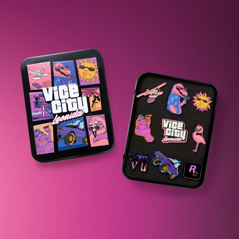 GTA VI Vice City Collection Costs $399.99, Game Sold Separately 10 Leonida Keys enamel pin set in a custom metal tin