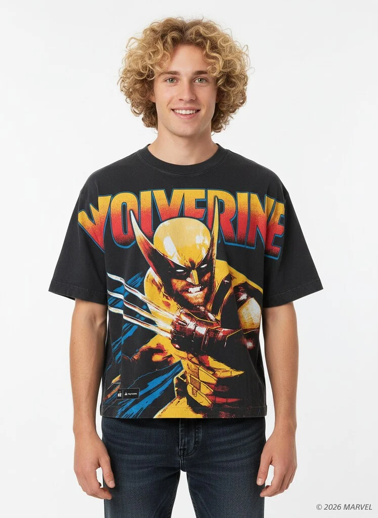 Model wearing the black Marvel's Wolverine PlayStation graphic T-shirt