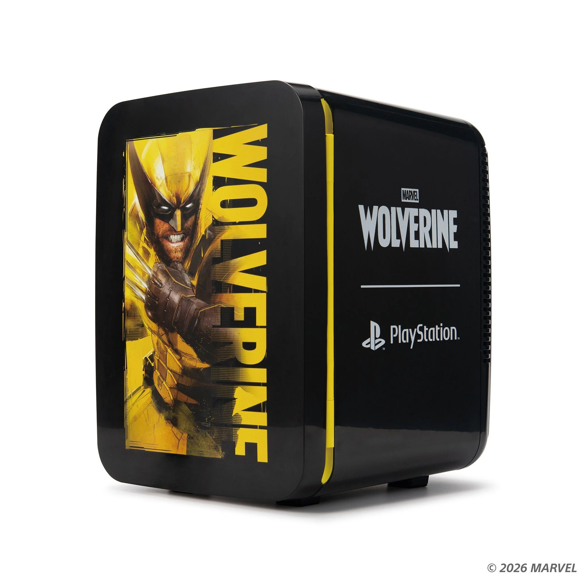 Black Marvel's Wolverine PlayStation mini fridge with yellow Wolverine artwork