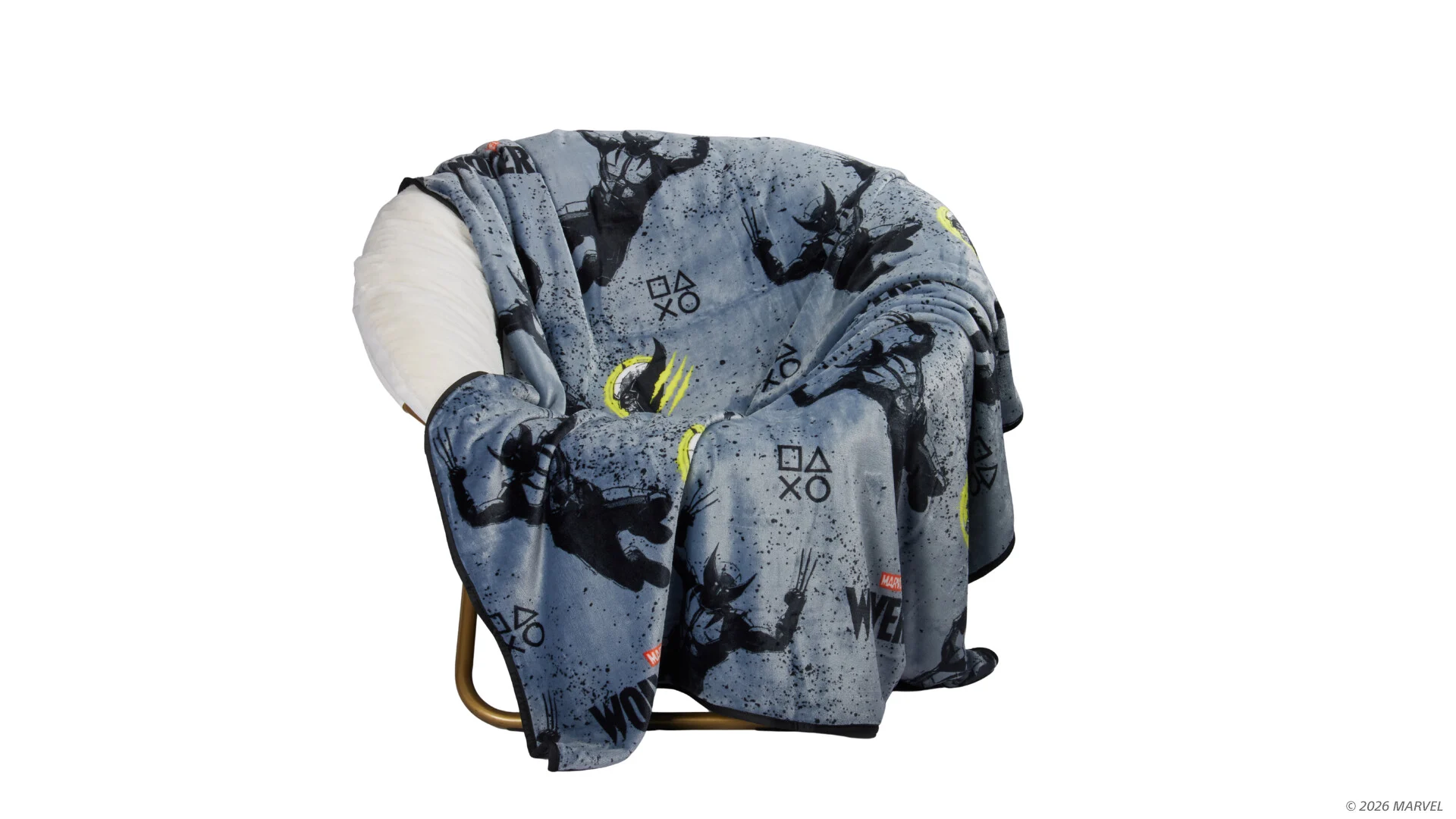 Gray Marvel's Wolverine PlayStation throw blanket draped over a chair