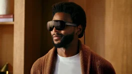 A person wearing Meta VR Glasses indoors