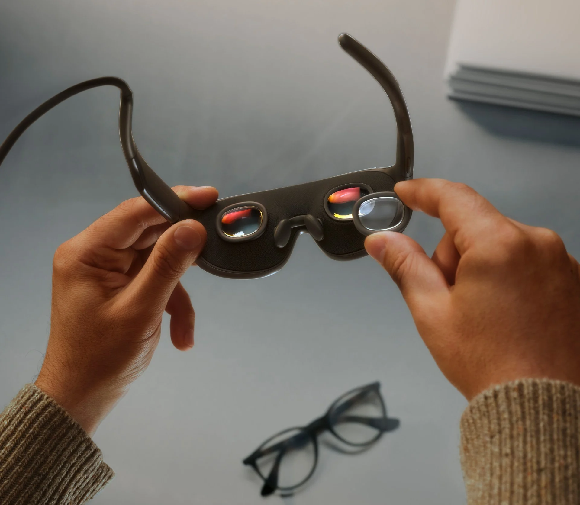 A person holding Meta VR Glasses with the custom pancake optics visible