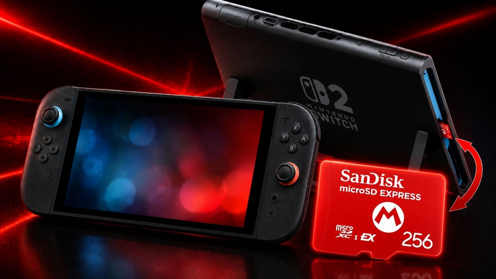 Nintendo Switch 2 microSD Express Guide: Storage, Compatibility, and Size Explained 1 Nintendo Switch 2 console beside a 256GB microSD Express card
