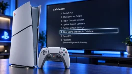 PS5 console and DualSense controller beside a TV showing the Safe Mode Clear Cache and Rebuild Database option