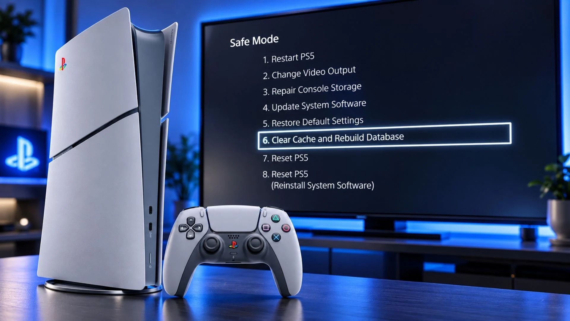 PS5 console and DualSense controller beside a TV showing the Safe Mode Clear Cache and Rebuild Database option