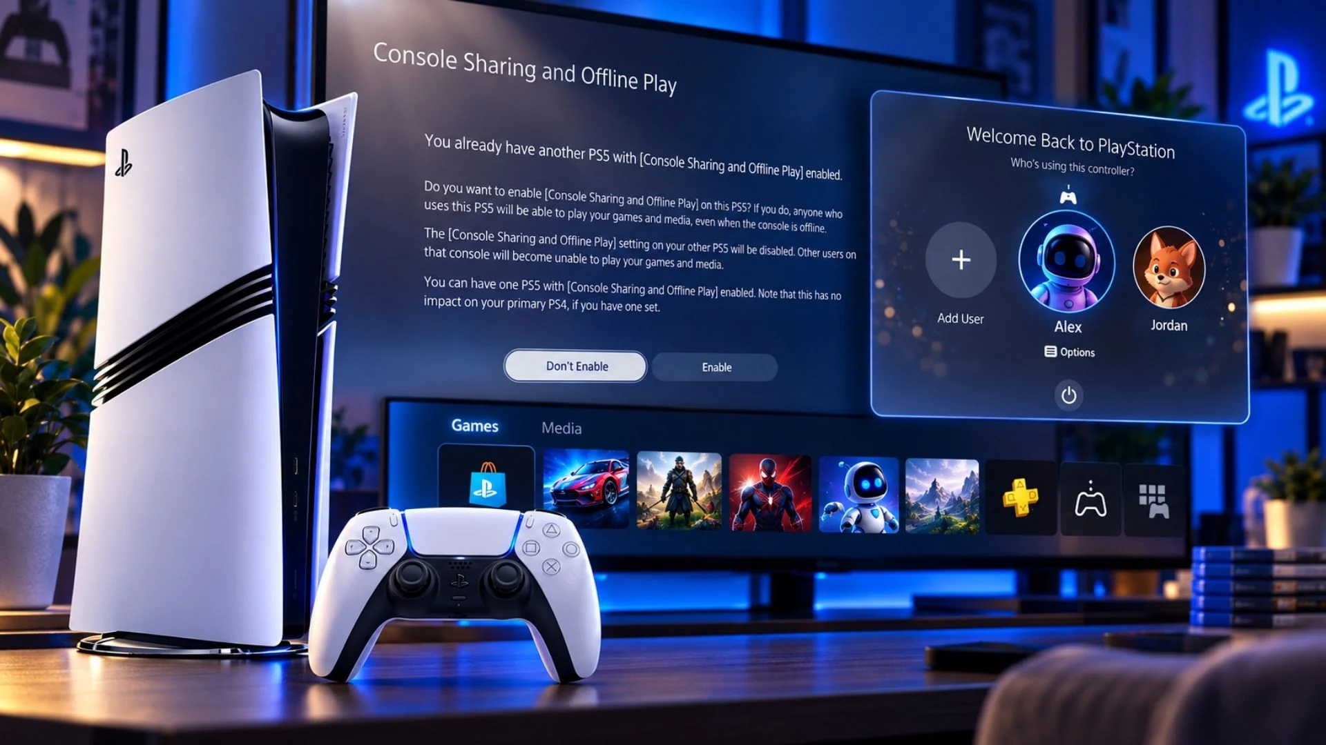 PS5 Game Sharing Guide: Console Sharing and Offline Play Explained 1 A PS5 console and DualSense controller in front of the Console Sharing and Offline Play settings screen.