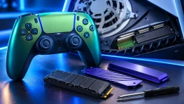 Green DualSense controller beside an open PS5 console, M.2 SSDs with heatsinks, and a screwdriver