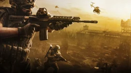 WARDOGS soldiers advance across a battlefield with helicopters overhead