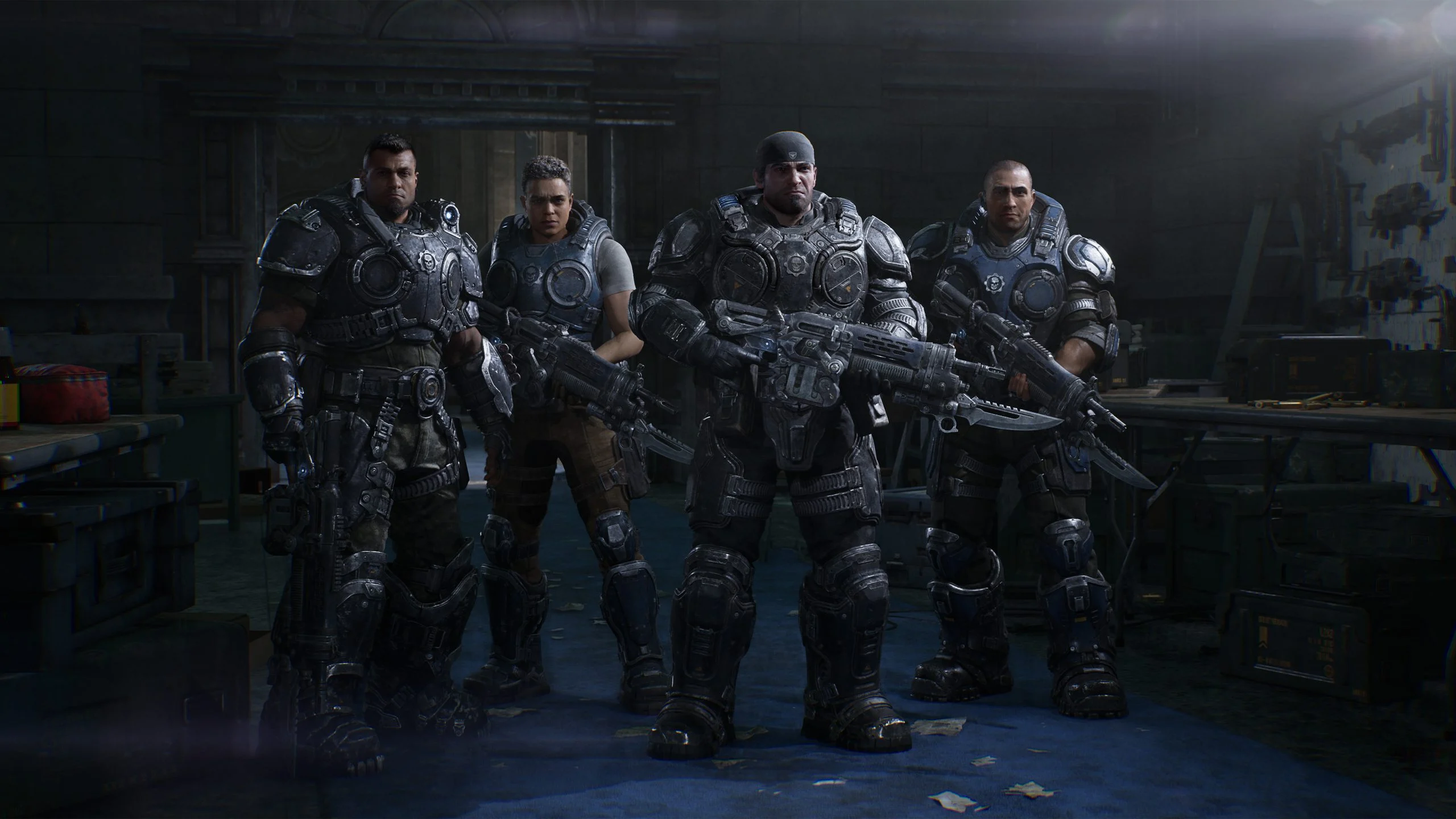 Marcus Fenix, Dominic Santiago, Mags Carter and Lucas Reyes assemble as Bravo Squad in Gears of War: E-Day.