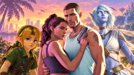 Illustrated game characters from fantasy and modern settings against a colorful sunset, representing November 2026 game releases.