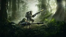 Helldiver aiming a long-range rifle beside a deployed sniper weapon in a forest