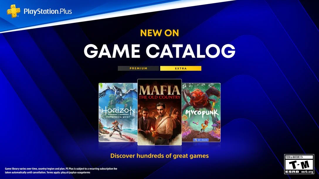 PlayStation Plus Game Catalog artwork featuring Horizon Forbidden West, Mafia: The Old Country and Mycopunk
