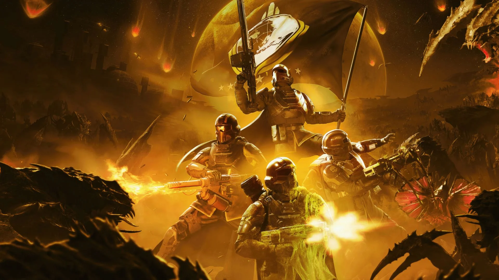 Arrowhead Says Helldivers 3 Is Not Currently in Development 1 Helldivers battling enemies beneath a Super Earth flag in Helldivers 2 artwork