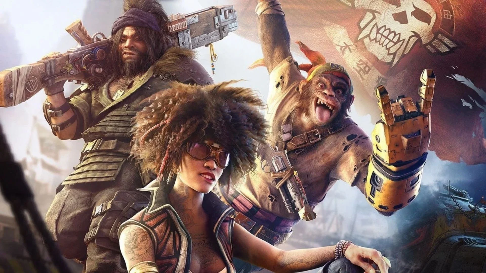 Characters from Beyond Good & Evil 2, including a pirate crew and a cybernetic monkey